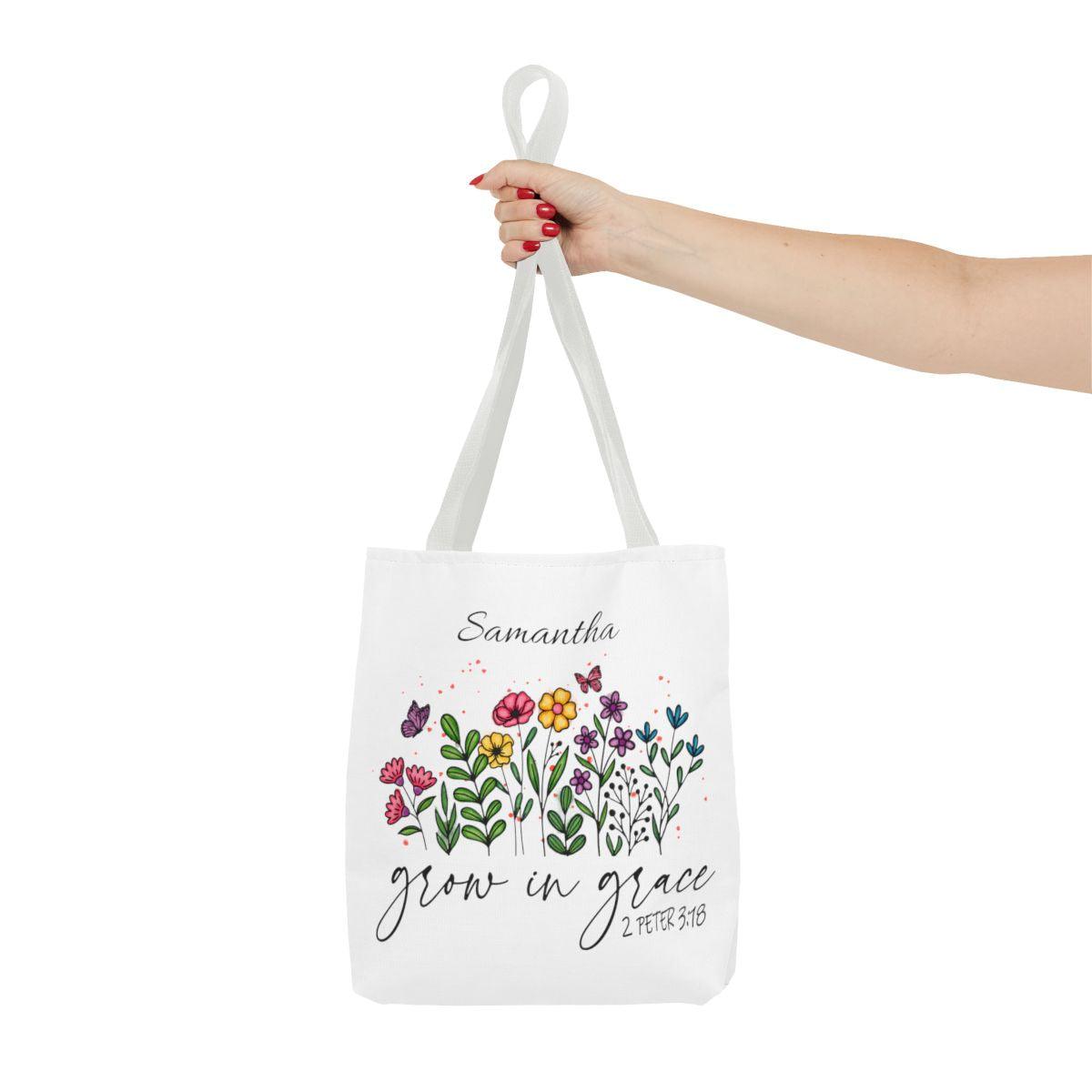 Grow in Grace samantha flower tote bag hand holding