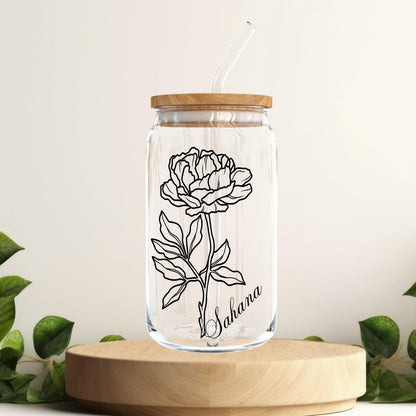 Custom Drink Can Glass with bamboo Lid and Straw - Perfect Gift for Bridesmaids - 16oz Glass Cup - Thoughtful Present for Her