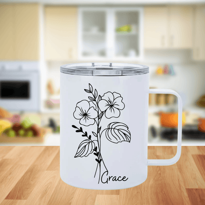 Birth Month Flower, Stainless Still Mug With Handle, 12oz Travel Mug With Handle - Sukmit CreationBirth Month Flower, Stainless Still Mug With Handle, 12oz Travel Mug With Handle