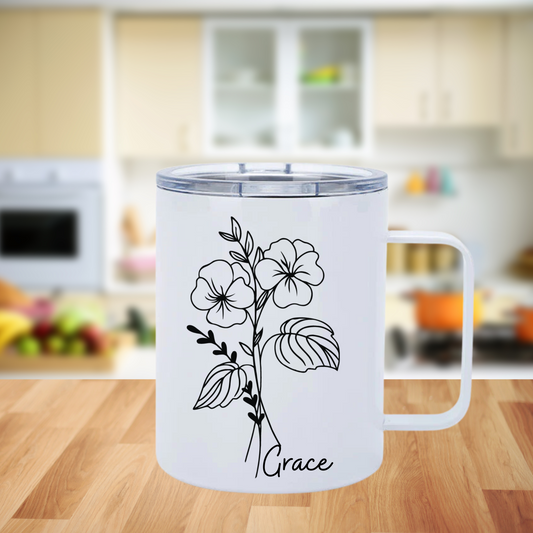 Birth Month Flower, Stainless Still Mug With Handle, Travel Mug With Handle