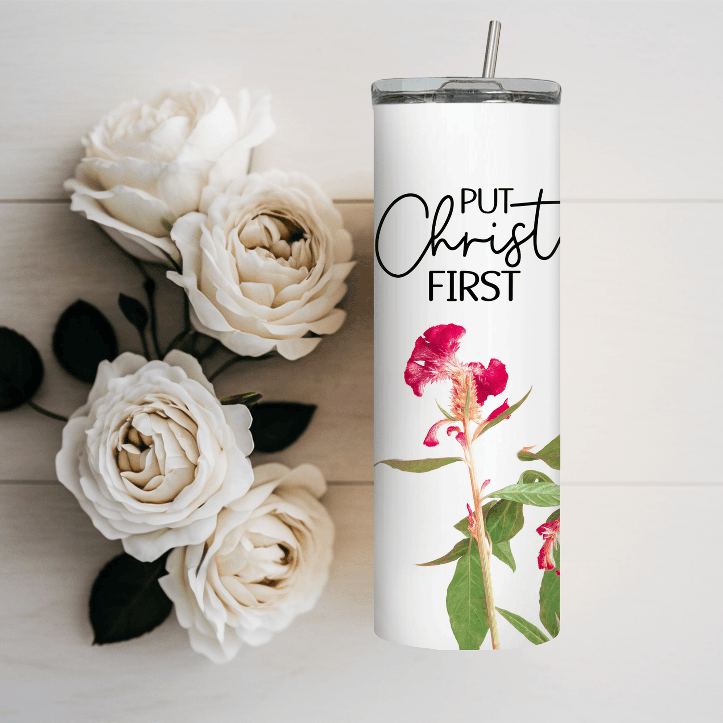 Put Christ First 20oz Tumbler - Inspirational Flower Design & Uplifting Verse front