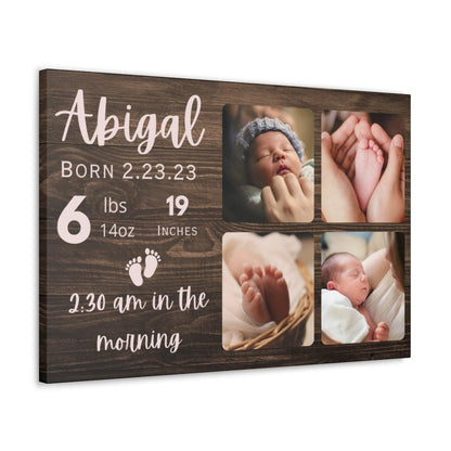 Personalized Newborn Photo Canvas - Custom Birth Stats & 4 Photos Nursery Wall Art